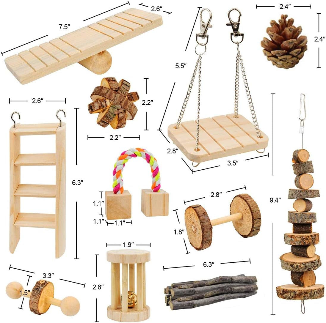 Hamster Chew Toys, Guinea Pig Toys with 11Pcs Natural Wooden Pine Rat Chinchilla Toys for Rabbits Gerbils Small Pets Accessories Chewing Playing Exercise and Teeth Care