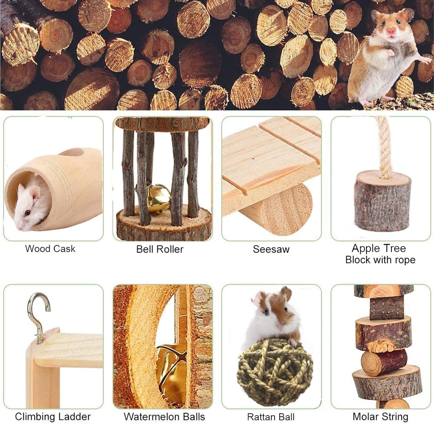 Hamster Chew Toys-11Pack Natural Wooden Dumbbells Exercise Bell Roller-Pine Guinea Pigs Rats Chinchillas Toys Accessories Teeth Care Molar Toy for Bunny Rabbits Gerbils,Brown