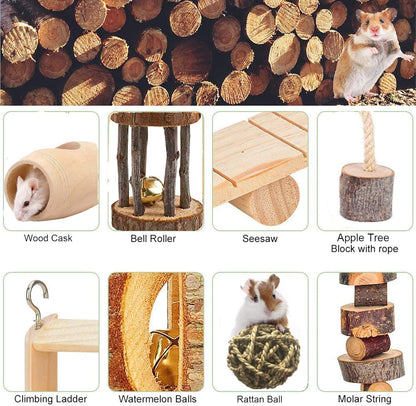 Hamster Chew Toys-11Pack Natural Wooden Dumbbells Exercise Bell Roller-Pine Guinea Pigs Rats Chinchillas Toys Accessories Teeth Care Molar Toy for Bunny Rabbits Gerbils,Brown