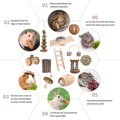Hamster Chew Toys-11Pack Natural Wooden Dumbbells Exercise Bell Roller-Pine Guinea Pigs Rats Chinchillas Toys Accessories Teeth Care Molar Toy for Bunny Rabbits Gerbils,Brown