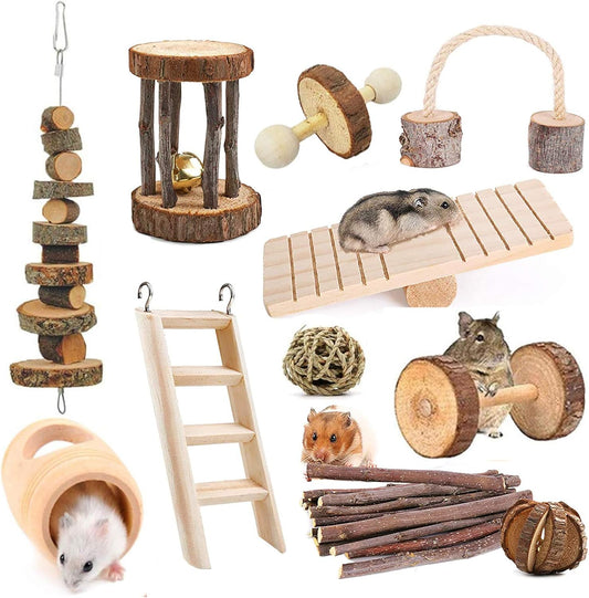 Hamster Chew Toys-11Pack Natural Wooden Dumbbells Exercise Bell Roller-Pine Guinea Pigs Rats Chinchillas Toys Accessories Teeth Care Molar Toy for Bunny Rabbits Gerbils,Brown