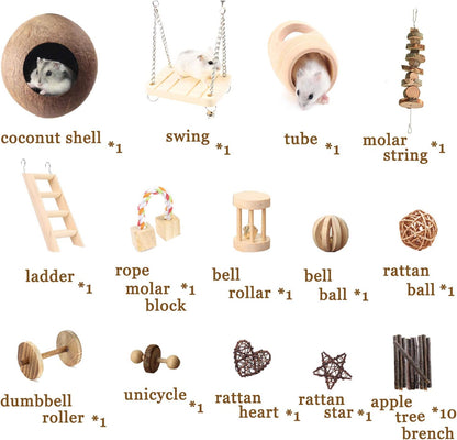 Hamster Chew Toys, 23Pcs Natural Wooden Pine Rats Toys Accessories, Coconut Shell, Tube, Swing, Ladder, Dumbells Exercise Bell Roller Teeth Care Molar Toy
