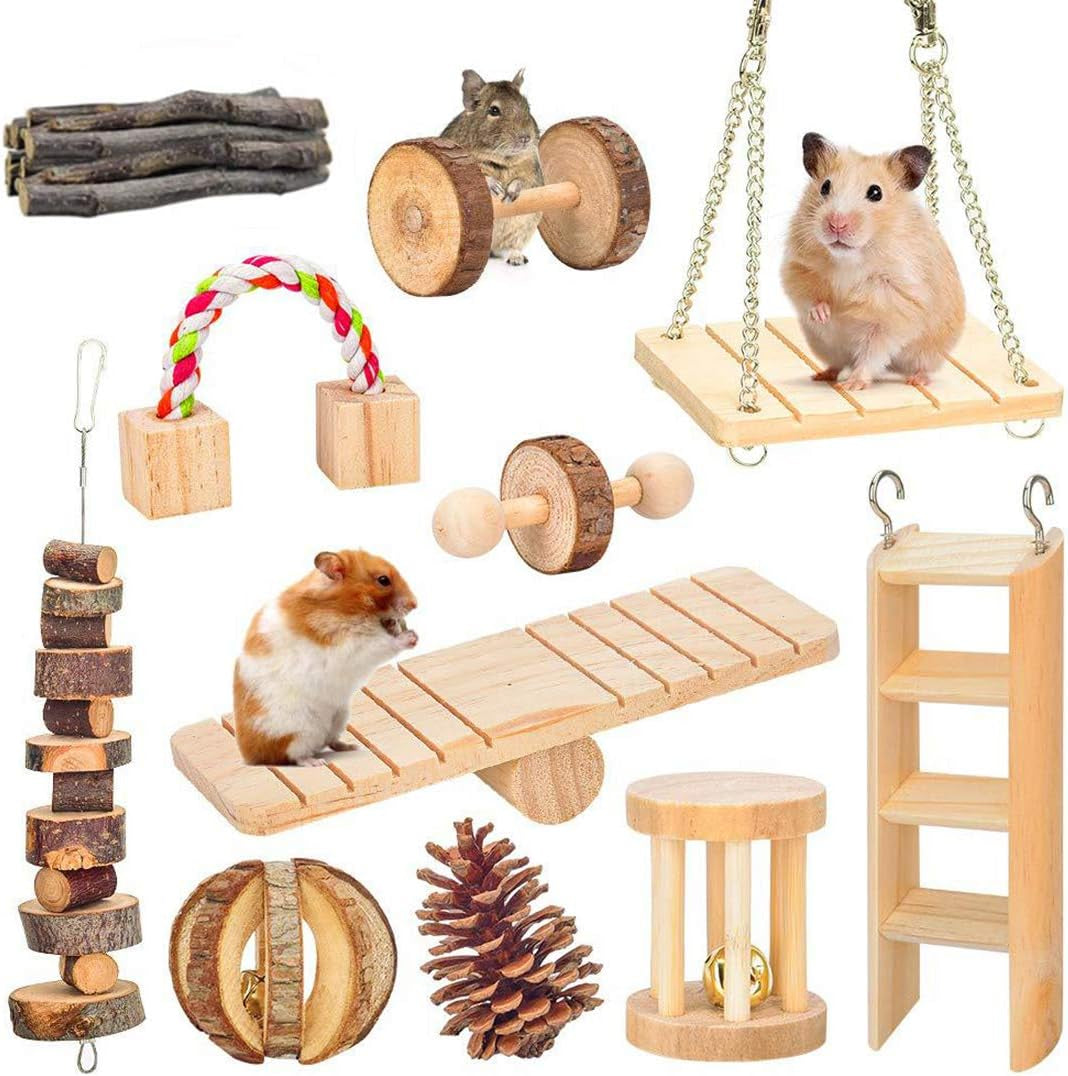 Hamster Chew Toys, Guinea Pig Toys with 11Pcs Natural Wooden Pine Rat Chinchilla Toys for Rabbits Gerbils Small Pets Accessories Chewing Playing Exercise and Teeth Care