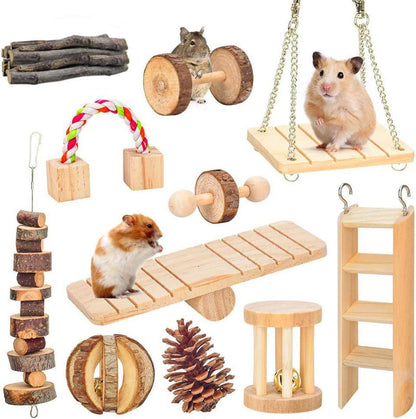 Hamster Chew Toys, Guinea Pig Toys with 11Pcs Natural Wooden Pine Rat Chinchilla Toys for Rabbits Gerbils Small Pets Accessories Chewing Playing Exercise and Teeth Care