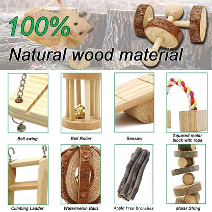 Hamster Chew Toys, Guinea Pig Toys with 11Pcs Natural Wooden Pine Rat Chinchilla Toys for Rabbits Gerbils Small Pets Accessories Chewing Playing Exercise and Teeth Care